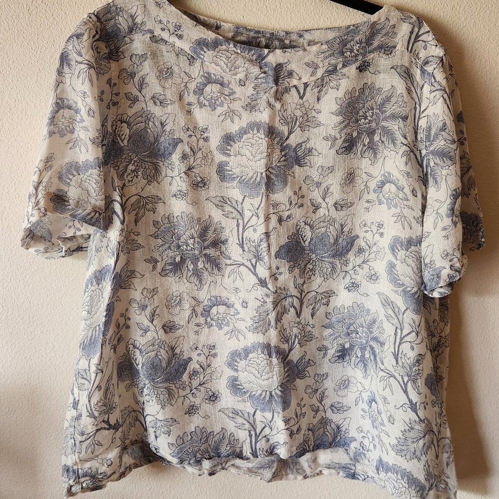 Flax 100% Linen White and Blue Floral Top